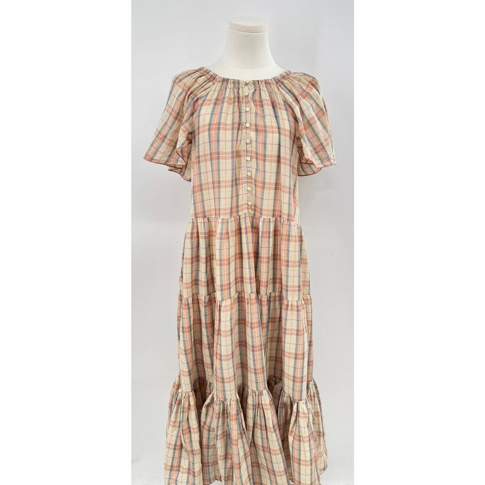 The Great Iris Dress Washed Rose Plaid Check Pink Cotton Flutter Sleeve Midi S